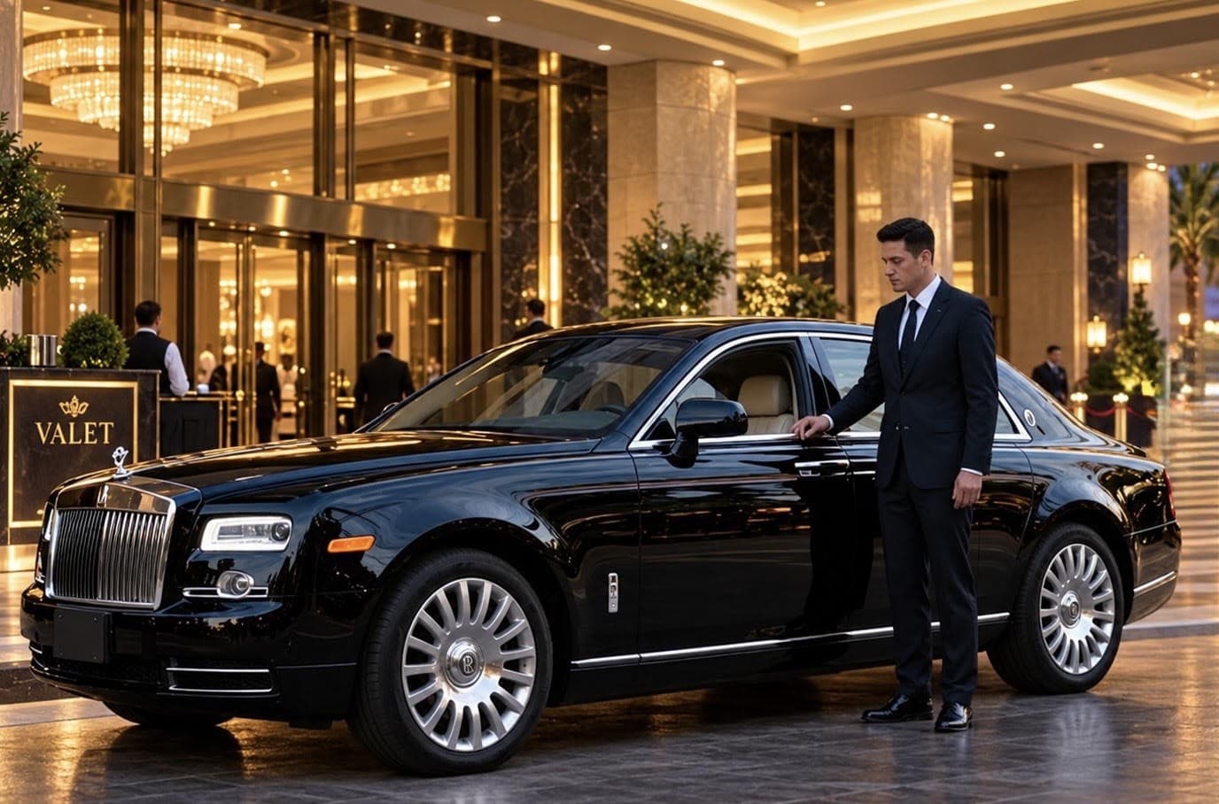 Chauffeur opening the door of a black luxury sedan at a hotel entrance