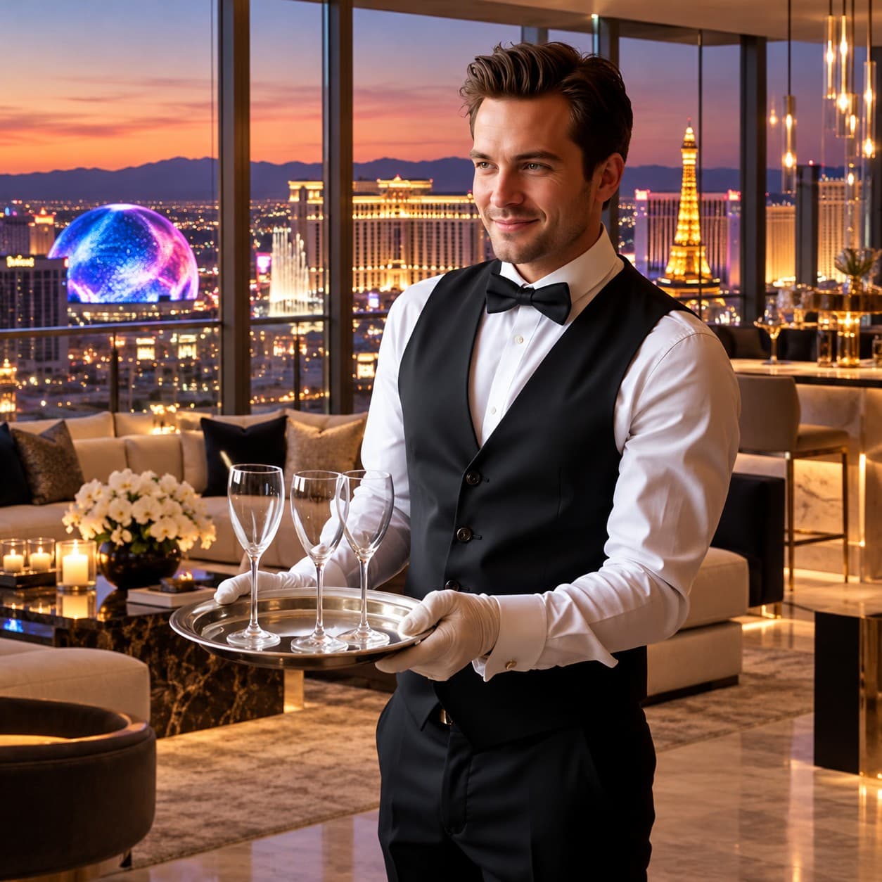 Private butler with a tray of glasses in a penthouse overlooking the Las Vegas Strip at dusk