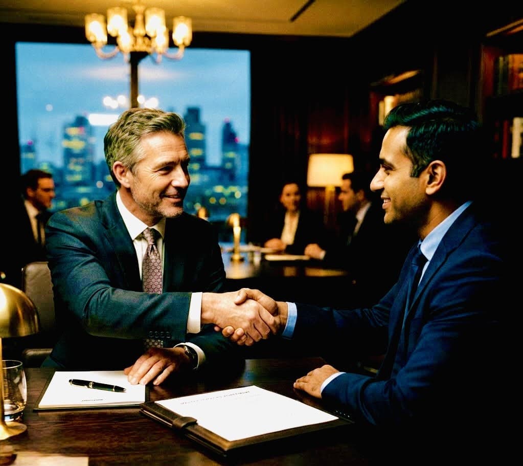 Two executives shaking hands over a signed agreement in a private suite with a city view
