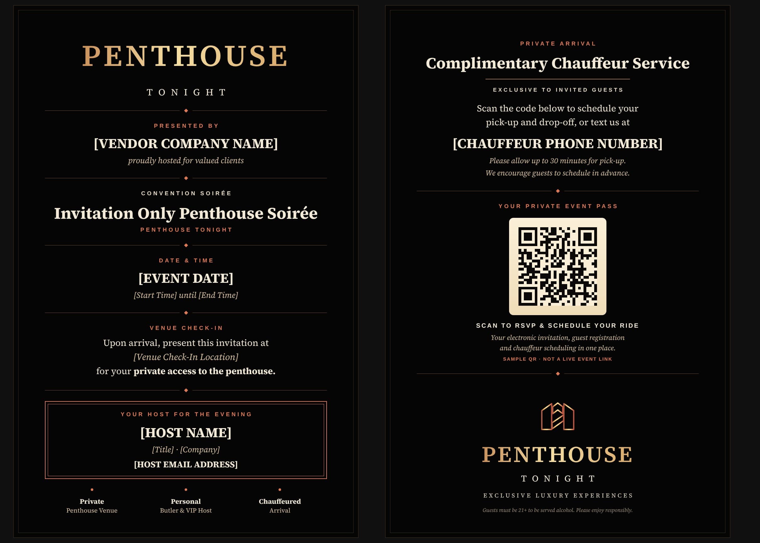 Sample Penthouse Tonight invitation, front and back, with host details, check-in instructions, chauffeur text line and QR code